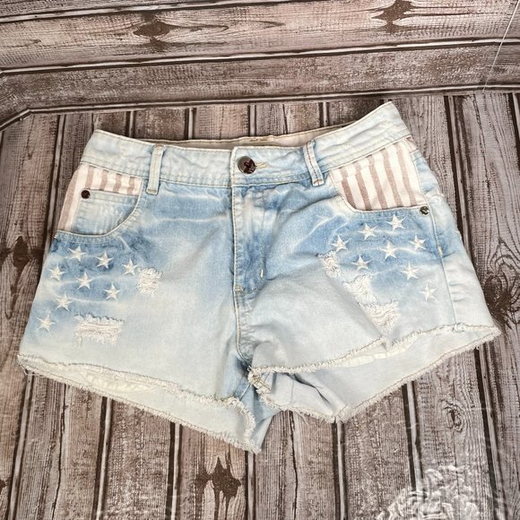 YMI Women's Juniors 0 Shorts American Flag Distressed Stars Stripes 100% Cotton - Picture 1 of 5